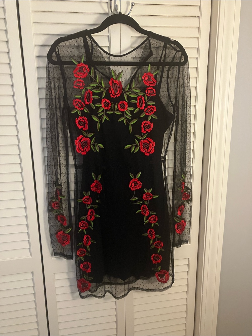 Lovers + Friends Black Mesh Dress with Red Rose Embroidery